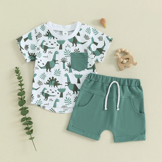 TOBYY Set-2Pcs, Dinosaur T-Shirts & Elastic Waist Shorts