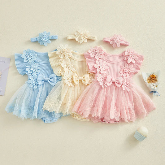 TUTU Baby Girl Romper Dress and Short Sleeve Mesh with Headband